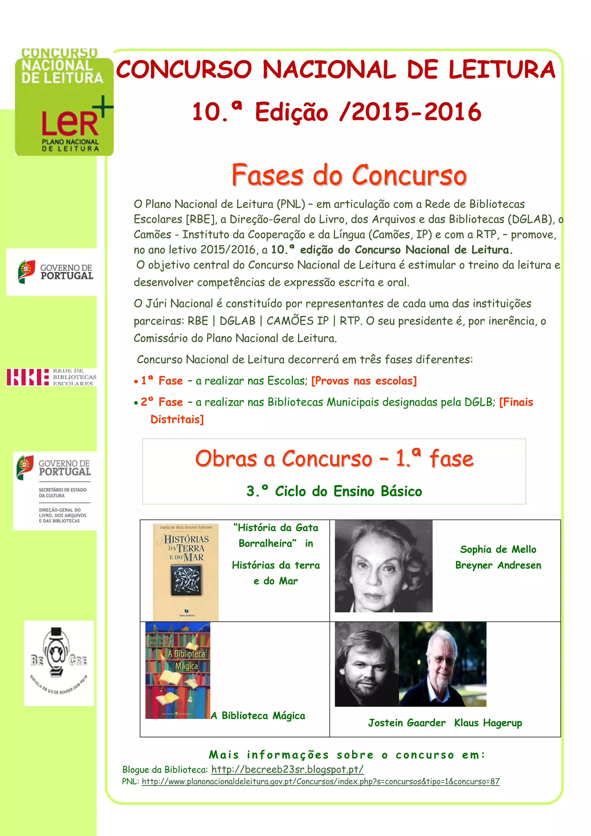 “História da Gata
Borralheira” in
Histórias da terra
e do Mar
Sophia de Mello
Breyner Andresen
A Biblioteca Mágica
Jostein Gaarder Klaus Hagerup
O Plano Nacional de Leitura (PNL) – em articulação com a Rede de Bibliotecas
Escolares [RBE], a Direção-Geral do Livro, dos Arquivos e das Bibliotecas (DGLAB), o
Camões - Instituto da Cooperação e da Língua (Camões, IP) e com a RTP, – promove,
no ano letivo 2015/2016, a 10.ª edição do Concurso Nacional de Leitura.
O objetivo central do Concurso Nacional de Leitura é estimular o treino da leitura e
desenvolver competências de expressão escrita e oral.
O Júri Nacional é constituído por representantes de cada uma das instituições
parceiras: RBE | DGLAB | CAMÕES IP | RTP. O seu presidente é, por inerência, o
Comissário do Plano Nacional de Leitura.
Concurso Nacional de Leitura decorrerá em três fases diferentes:
 1ª Fase – a realizar nas Escolas; [Provas nas escolas]
 2º Fase – a realizar nas Bibliotecas Municipais designadas pela DGLB; [Finais
Distritais]
 3º Fase – a realizar em local e com as capacidades técnicas de divulgação a
designar no decorrer do concurso. [Final Nacional]
FFaasseess ddoo CCoonnccuurrssoo
OObbrraass aa CCoonnccuurrssoo –– 11..ªª ffaassee
3.º Ciclo do Ensino Básico
CONCURSO NACIONAL DE LEITURA
10.ª Edição /2015-2016
M a i s i n f o r m a ç õ e s s o b r e o c o n c u r s o e m :
Blogue da Biblioteca: http://becreeb23sr.blogspot.pt/
PNL: http://www.planonacionaldeleitura.gov.pt/Concursos/index.php?s=concursos&tipo=1&concurso=87
 