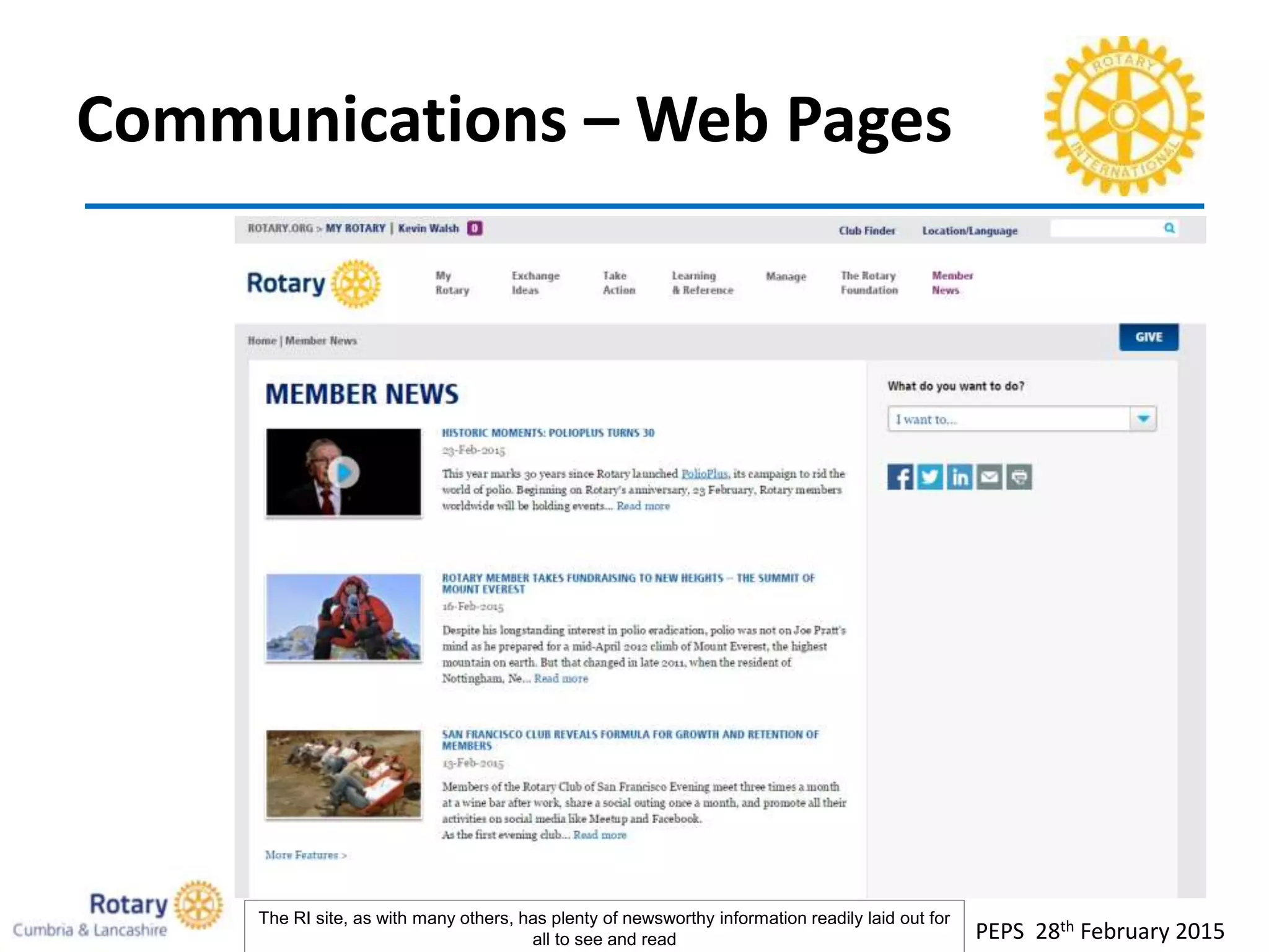Communications – Web Pages
PEPS 28th February 2015
The RI site, as with many others, has plenty of newsworthy information readily laid out for
all to see and read
 