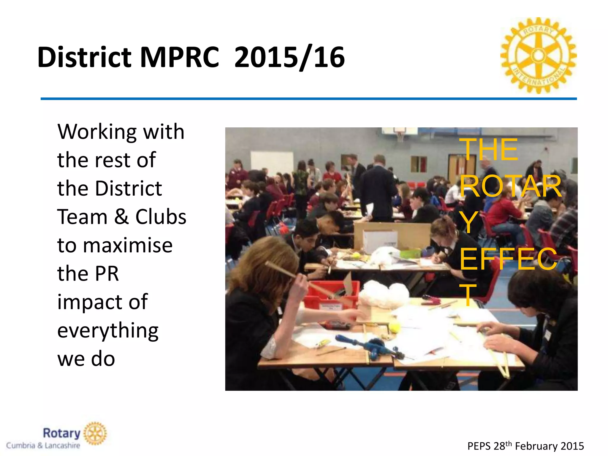 District MPRC 2015/16
PEPS 28th February 2015
Working with
the rest of
the District
Team & Clubs
to maximise
the PR
impact of
everything
we do
THE
ROTAR
Y
EFFEC
T
 