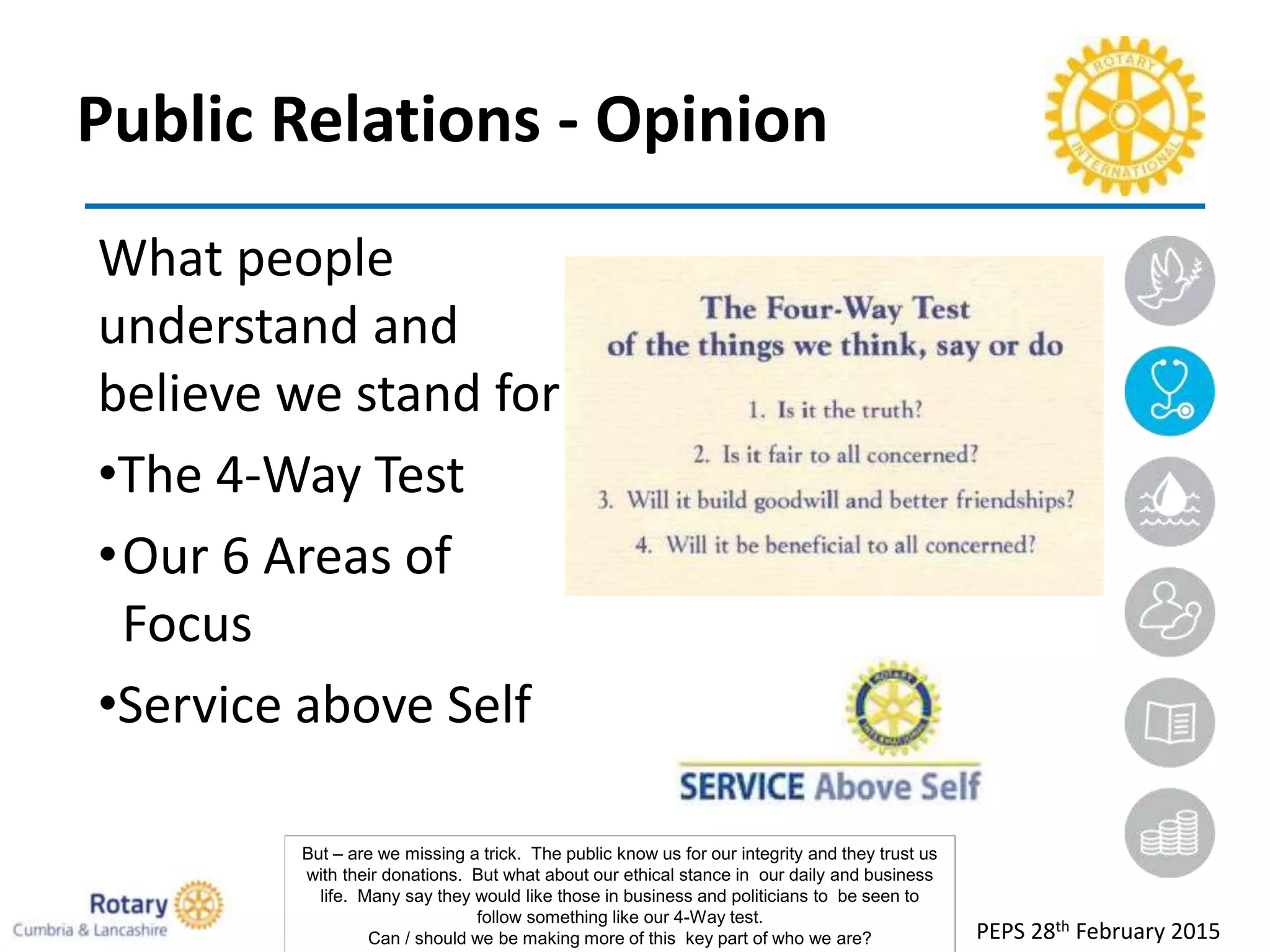 Public Relations - Opinion
What people
understand and
believe we stand for
•The 4-Way Test
•Our 6 Areas of
Focus
•Service above Self
PEPS 28th February 2015
But – are we missing a trick. The public know us for our integrity and they trust us
with their donations. But what about our ethical stance in our daily and business
life. Many say they would like those in business and politicians to be seen to
follow something like our 4-Way test.
Can / should we be making more of this key part of who we are?
 