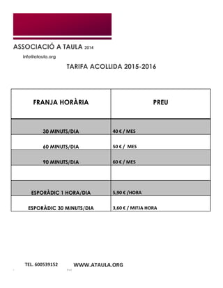 ASSOCIACIÓ A TAULA 2014
info@ataula.org
TARIFA ACOLLIDA 2015-2016
TEL. 600539152 WWW.ATAULA.ORG
I [Fax]
FRANJA HORÀRIA PREU
30 MINUTS/DIA 40 € / MES
60 MINUTS/DIA 50 € / MES
90 MINUTS/DIA 60 € / MES
ESPORÀDIC 1 HORA/DIA 5,90 € /HORA
ESPORÀDIC 30 MINUTS/DIA 3,60 € / MITJA HORA
 