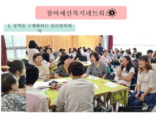 4. 정책을 구체화하는 권리원탁회
의
참여예산복지네트워크
100여명이
한 자리에 모여
개선점 토론
 