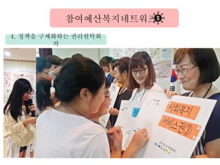 4. 정책을 구체화하는 권리원탁회
의
참여예산복지네트워크
39개 정책 중
가장 필요한 정책
우선순위 투표
 