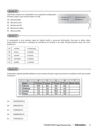 João Paulo comprou um computador com as seguintes configurações:
Assinale a seguir a que memória refere-se 4 GB:
(A) Memória ROM.
(B) Memória Cache.
(C) Memória do HD.
(D) Memória de vídeo.
(E) Memória RAM.
O computador é uma máquina capaz de realizar tarefas e processar informações. Para que os dados sejam
processados,é necessária a utilização de periféricos de entrada e de saída. Respectivamente quais são esses
periféricos?
(A) monitor e impressora.
(B) mouse e teclado.
(C) scanner e mouse.
(D) microfone e teclado.
(E) teclado e monitor.
Analisando a seguinte planilha editada no excel, assinale a função a seguir que retorna o resultado correto que se pede
na coluna F:
(A) =MAXIMO(B2:E2)
.
(B) =MÉDIA(B2:E2)
.
(C) =SOMA(B2:E2)
.
(D) =MINIMO(B2:E2)
.
(E) =TOTAL(B2:E2)
.
 Monitor de 17”,
 HD 500 GB,
 Memória 4 GB e
 Windows 8.
VESTIBULINHO(VagasRemanescentes) • Informática 3
Questão 06
Questão 07
Questão 08
 