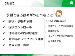 Sakura Shinmachi Urban Clinic Copyright © Platanus All Rights Reserved. 18
【考察】
予測できる我々がやるべきこと
 病状・予後の予測
 症状コントロール
 他職種での円滑な連携
 緊急時のバックアップ体制
 家族支援・教育
これらを網羅しながら
• 治療方針、ケアの方向性を
再確認する
• タイミングを逸さず過不足
なく導入する
 