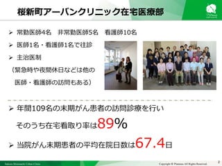 Sakura Shinmachi Urban Clinic Copyright © Platanus All Rights Reserved.
桜新町アーバンクリニック在宅医療部
 常勤医師4名 非常勤医師5名 看護師10名
 医師1名・看護師1名で往診
 主治医制
（緊急時や夜間休日などは他の
医師・看護師の訪問もある）
 年間109名の末期がん患者の訪問診療を行い
そのうち在宅看取り率は89％
 当院がん末期患者の平均在院日数は67.4日
2
 