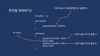 Digital 입출력
pinMode(ledPin, OUTPUT);
digitalWrite(ledPin, HIGH);
Digital 출력
pinMode(ledPin, INPUT);
int value = digitalRead(ledPin);
Digital 입력
 