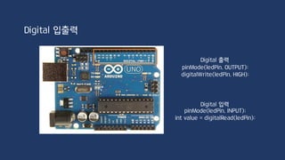 int ledPin = 13;
void setup()
{
Serial.begin(9600);
pinMode(ledPin, INPUT);
}
void loop()
{
int value = digitalRead(ledPin);
Serial.println(value);
}
PC와 연결
시리얼 모니터 출력
Digital 입력 연습
 