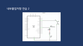 int buttonIn = 2;
int buttonState = 0;
int ledPin = 13;
void setup() {
pinMode(buttonIn, INPUT_PULLUP);
pinMode(ledPin, OUTPUT);
}
void loop() {
buttonState = digitalRead(buttonIn);
digitalWrite(ledPin, buttonState);
}
내부풀업저항 연습 2
 