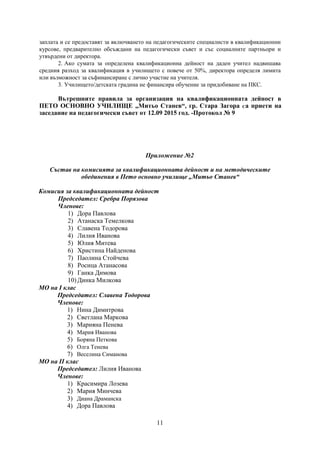 11
заплата и се предоставят за включването на педагогическите специалисти в квалификационни
курсове, предварително обсъждани на педагогически съвет и със социалните партньори и
утвърдени от директора.
2. Ако сумата за определена квалификационна дейност на даден учител надвишава
средния разход за квалификация в училището с повече от 50%, директора определя лимита
или възможност за съфинансиране с лично участие на учителя.
3. Училището/детската градина не финансира обучение за придобиване на ПКС.
Вътрешните правила за организация на квалификационната дейност в
ПЕТО ОСНОВНО УЧИЛИЩЕ „Митьо Станев“, гр. Стара Загора Са приети на
заседание на педагогически съвет от 12.09 2015 год. -Протокол № 9
Приложение №2
Състав на комисията за квалификационната дейност и на методическите
обединения в Пето основно училище „Митьо Станев“
Комисия за квалификационната дейност
Председател: Сребра Порязова
Членове:
1) Дора Павлова
2) Атанаска Темелкова
3) Славена Тодорова
4) Лилия Иванова
5) Юлия Митева
6) Христина Найденова
7) Паолина Стойчева
8) Росица Атанасова
9) Ганка Димова
10) Динка Милкова
МО на І клас
Председател: Славена Тодорова
Членове:
1) Нина Димитрова
2) Светлана Маркова
3) Марияна Пенева
4) Мария Иванова
5) Боряна Петкова
6) Олга Тенева
7) Веселина Симанова
МО на ІІ клас
Председател: Лилия Иванова
Членове:
1) Красимира Лозева
2) Мария Минчева
3) Диана Драманска
4) Дора Павлова
 