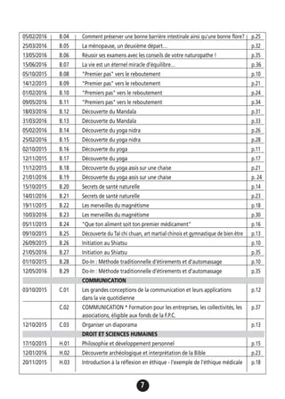 7
05/02/2016 B.04 Comment préserver une bonne barrière intestinale ainsi qu'une bonne flore? p.25
25/03/2016 B.05 La ménopause, un deuxième départ… p.32
13/05/2016 B.06 Réussir ses examens avec les conseils de votre naturopathe ! p.35
15/06/2016 B.07 La vie est un éternel miracle d’équilibre… p.36
05/10/2015 B.08 "Premier pas" vers le reboutement p.10
14/12/2015 B.09 "Premier pas" vers le reboutement p.21
01/02/2016 B.10 "Premiers pas" vers le reboutement p.24
09/05/2016 B.11 "Premiers pas" vers le reboutement p.34
18/03/2016 B.12 Découverte du Mandala p.31
31/03/2016 B.13 Découverte du Mandala p.33
05/02/2016 B.14 Découverte du yoga nidra p.26
25/02/2016 B.15 Découverte du yoga nidra p.28
02/10/2015 B.16 Découverte du yoga p.11
12/11/2015 B.17 Découverte du yoga p.17
11/12/2015 B.18 Découverte du yoga assis sur une chaise p.21
21/01/2016 B.19 Découverte du yoga assis sur une chaise p. 24
15/10/2015 B.20 Secrets de santé naturelle p.14
14/01/2016 B.21 Secrets de santé naturelle p.23
19/11/2015 B.22 Les merveilles du magnétisme p.18
10/03/2016 B.23 Les merveilles du magnétisme p.30
05/11/2015 B.24 "Que ton aliment soit ton premier médicament" p.16
09/10/2015 B.25 Découverte du Taï chi chuan, art martial chinois et gymnastique de bien être p.13
26/09/2015 B.26 Initiation au Shiatsu p.10
21/05/2016 B.27 Initiation au Shiatsu p.35
01/10/2015 B.28 Do-In : Méthode traditionnelle d'étirements et d'automassage p.10
12/05/2016 B.29 Do-In : Méthode traditionnelle d'étirements et d'automassage p.35
COMMUNICATION
03/10/2015 C.01 Les grandes conceptions de la communication et leurs applications p.12
dans la vie quotidienne
C.02 COMMUNICATION * Formation pour les entreprises, les collectivités, les p.37
associations, éligible aux fonds de la F.P.C.
12/10/2015 C.03 Organiser un diaporama p.13
DROIT ET SCIENCES HUMAINES
17/10/2015 H.01 Philosophie et développement personnel p.15
12/01/2016 H.02 Découverte archéologique et interprétation de la Bible p.23
20/11/2015 H.03 Introduction à la réflexion en éthique - l'exemple de l'éthique médicale p.18
 