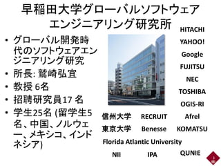 早稲田大学グローバルソフトウェア
エンジニアリング研究所
• グローバル開発時
代のソフトウェアエン
ジニアリング研究
• 所長: 鷲崎弘宜
• 教授 6名
• 招聘研究員17 名
• 学生25名 (留学生5
名、中国、ノルウェ
ー、メキシコ、インド
ネシア)
3
HITACHI
YAHOO!
Google
FUJITSU
NEC
TOSHIBA
OGIS-RI
AfrelRECRUIT
Florida Atlantic University
Benesse
信州大学
東京大学
IPANII
KOMATSU
QUNIE
 