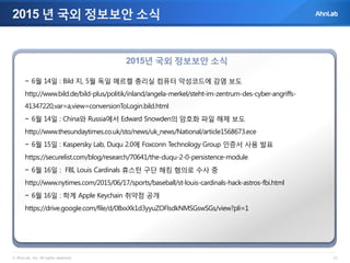 © AhnLab, Inc. All rights reserved. 31
2015 년 국외 정보보안 소식
2015년 국외 정보보안 소식
− 6월 14일 : Bild 지, 5월 독일 메르켈 총리실 컴퓨터 악성코드에 감염 보도
http://www.bild.de/bild-plus/politik/inland/angela-merkel/steht-im-zentrum-des-cyber-angriffs-
41347220,var=a,view=conversionToLogin.bild.html
− 6월 14일 : China와 Russia에서 Edward Snowden의 암호화 파일 해제 보도
http://www.thesundaytimes.co.uk/sto/news/uk_news/National/article1568673.ece
− 6월 15일 : Kaspersky Lab, Duqu 2.0에 Foxconn Technology Group 인증서 사용 발표
https://securelist.com/blog/research/70641/the-duqu-2-0-persistence-module
− 6월 16일 : FBI, Louis Cardinals 휴스턴 구단 해킹 혐의로 수사 중
http://www.nytimes.com/2015/06/17/sports/baseball/st-louis-cardinals-hack-astros-fbi.html
− 6월 16일 : 학계 Apple Keychain 취약점 공개
https://drive.google.com/file/d/0BxxXk1d3yyuZOFlsdkNMSGswSGs/view?pli=1
 