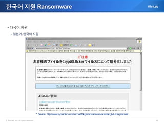 © AhnLab, Inc. All rights reserved. 66
한국어 지원 Ransomware
• 다국어 지원
- 일본어,한국어지원
* Source:http://www.symantec.com/connect/blogs/ransomware-increasingly-turning-far-east
 