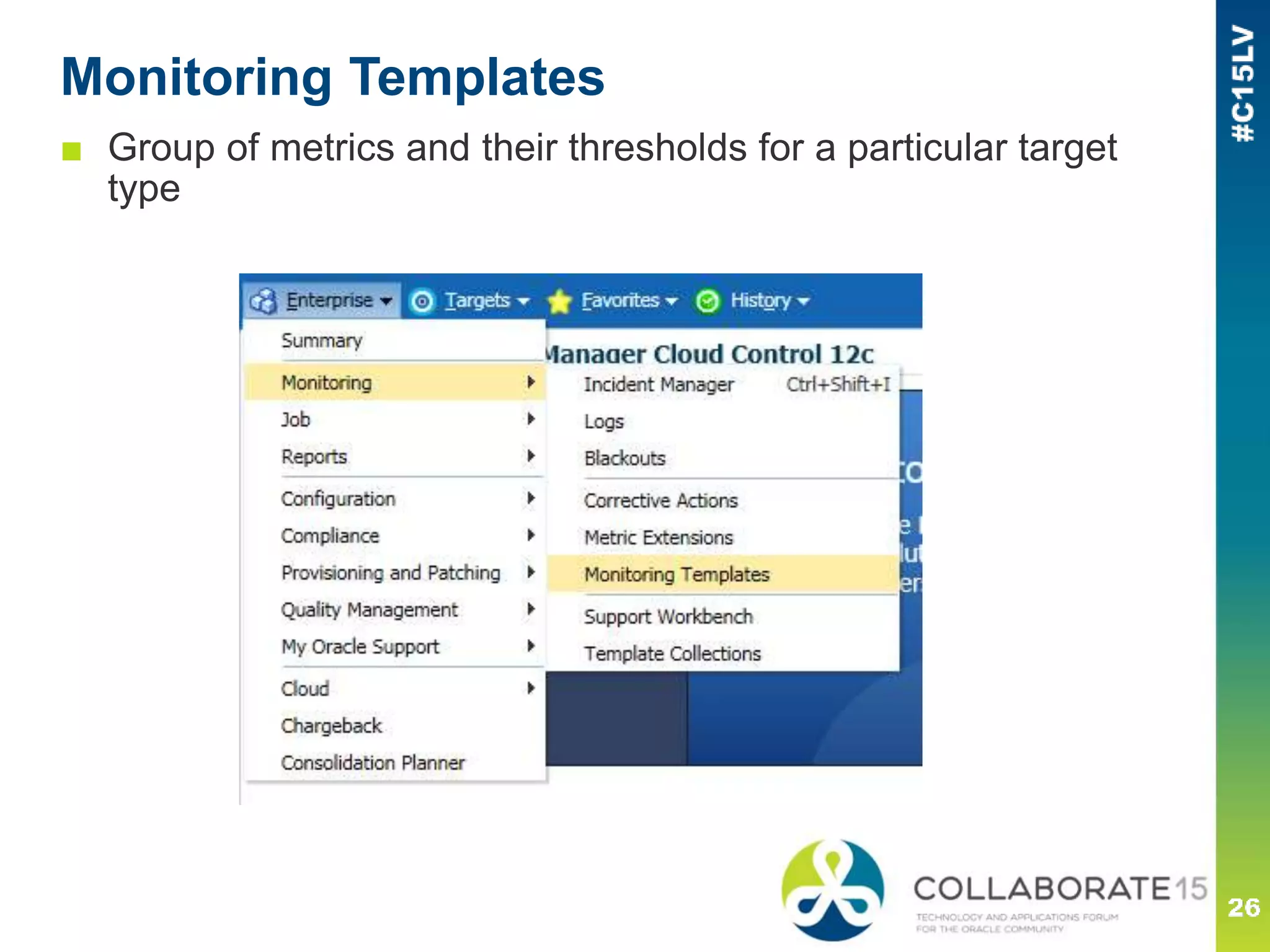 Monitoring Templates
■ Group of metrics and their thresholds for a particular target
type
 