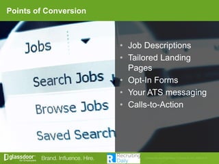 Points of Conversion
• Job Descriptions
• Tailored Landing
Pages
• Opt-In Forms
• Your ATS messaging
• Calls-to-Action
 