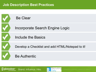 Job Description Best Practices
Include the Basics
Incorporate Search Engine Logic
Be Clear
Develop a Checklist and add HTML/Notepad to it!
Be Authentic
 