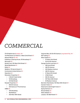 2LS CONSULTING ENGINEERING, DPC14
77-87 Wythe Ave Brooklyn, NY
The Montessori at Flatiron, 5 West 22nd Street NY
Alvarez Marsal NY, PA
Publisher’s Clearing House, 915 Broadway NY
Microsoft NY
Rocket Fuel, 100 West 33rd Street NY
Wood MacKenzie NY
Rolex NY
WeWork, 175 Varick Street NY
Continental-United Airlines NY
Operative NY
Silverstein Properties NY
•	 4 World Trade Center
•	 120 Broadway
•	 120 Wall Street
Stawski Properties NY
•	 565 5th Avenue
•	 1212 Avenue of The Americas
CBRE NY
•	 1372 Broadway
•	 180 Madison
•	 250 West 39th Street
COMMERCIAL
Gwynnie Bee, 30-30 47th Avenue Long Island City, NY
IEX Trading NY
Atlas Capital NY
•	 311 West 43rd Street
•	 30-30 47th Avenue
George Comfort and Sons NY
•	 168 Canal Street
•	 498 7th Avenue
•	 200 Madison Avenue
•	 498 7th Avenue
•	 37 West 57th Street
•	 2 Wall Street
•	 365 5th Avenue
•	 307 West 38th Street
•	 63 Madison Avenue
Bernstein Real Estate, 150 West 30th Street NY
Gerstein Fisher NY
Newmark Grubb Knight Frank NY
Equity Partners NY
Brause Realty NY
West LB Bank NY
Lavazza, 120 Wall Street NY
 