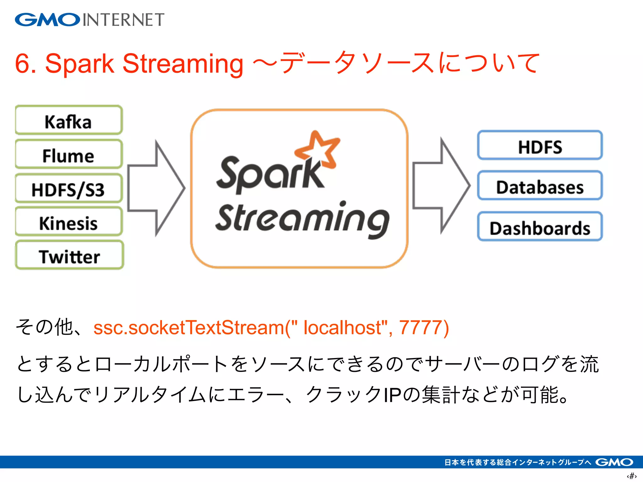 ‹#›
6. Spark Streaming ∼データソースについて
!
!
!
!
!
!
その他、ssc.socketTextStream(" localhost", 7777)
とするとローカルポートをソースにできるのでサーバーのログを流
し込んでリアルタイムにエラー、クラックIPの集計などが可能。
 