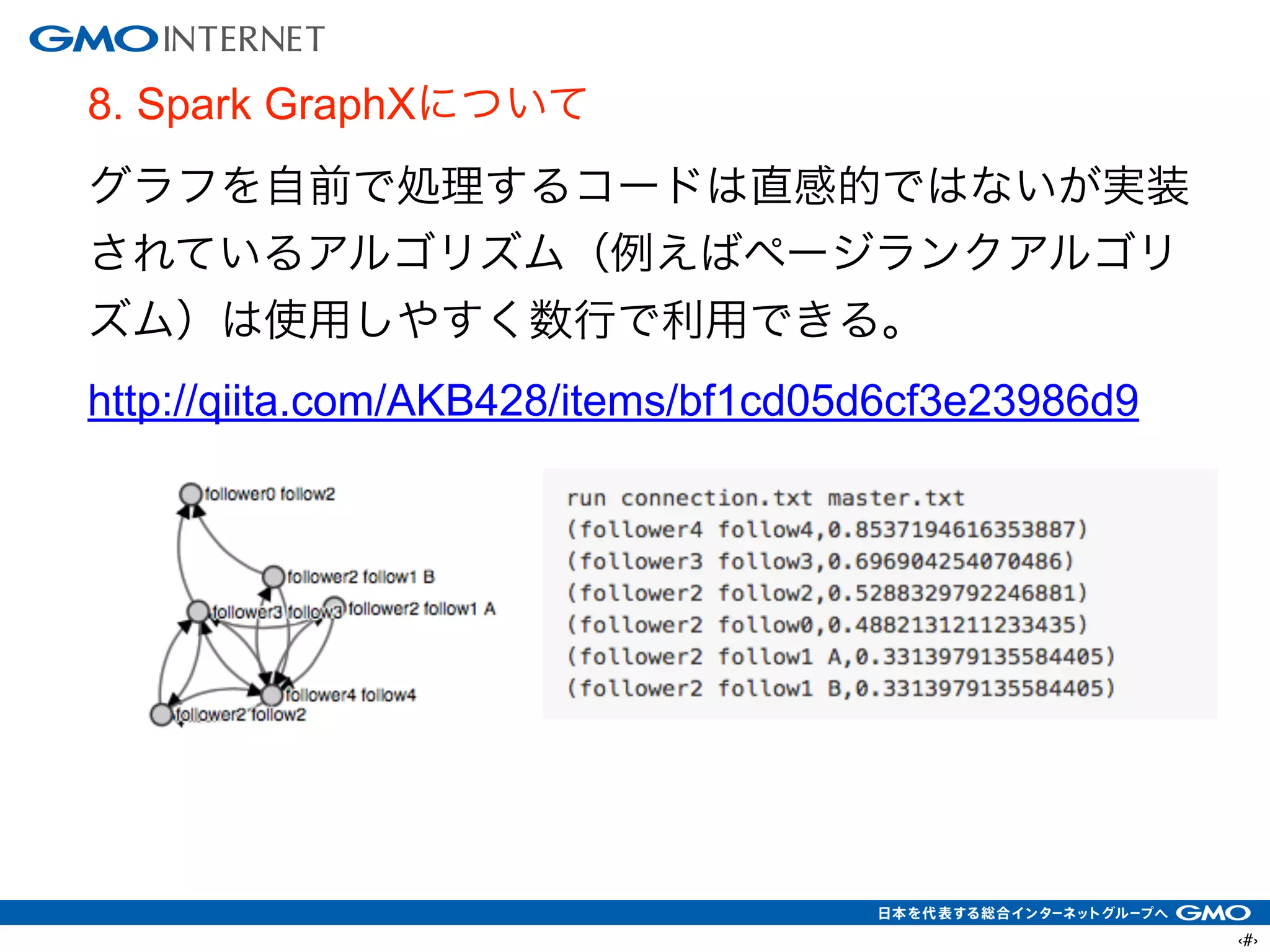 ‹#›
8. Spark GraphXについて
グラフを自前で処理するコードは直感的ではないが実装
されているアルゴリズム（例えばページランクアルゴリ
ズム）は使用しやすく数行で利用できる。
http://qiita.com/AKB428/items/bf1cd05d6cf3e23986d9
 