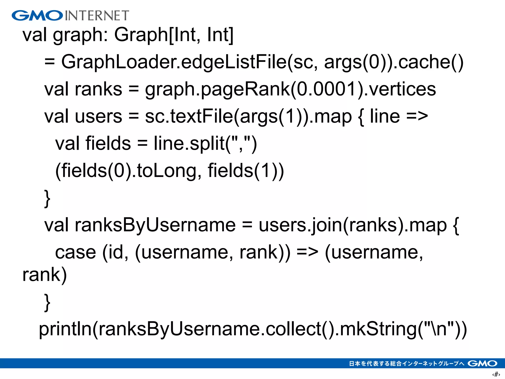 ‹#›
val graph: Graph[Int, Int]
= GraphLoader.edgeListFile(sc, args(0)).cache()
val ranks = graph.pageRank(0.0001).vertices
val users = sc.textFile(args(1)).map { line =>
val fields = line.split(",")
(fields(0).toLong, fields(1))
}
val ranksByUsername = users.join(ranks).map {
case (id, (username, rank)) => (username,
rank)
}
println(ranksByUsername.collect().mkString("n"))
 