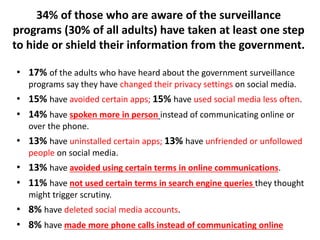 34% of those who are aware of the surveillance
programs (30% of all adults) have taken at least one step
to hide or shield...