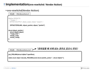 © PIOLINK, Inc. SDN No.1
Implementation(ovs-vswitchd: Vendor Action)
 ovs-vswitchd(Vendor Action)
…
#define OFPACTS
/* Output. */
OFPACT(OUTPUT, ofpact_output, ofpact, "output") 
…
OFPACT(PIOLINK, ofpact_piolink, ofpact, "piolink")
…
struct ofpact_piolink {
struct ofpact ofpact;
/* body 선언 */
uint16_t nop;
uint32_t body;
};
…
파일명 : ~/lib/ofp-actions.h
…
put_PIOLINK(struct ofpbuf *openflow);
…
static enum ofperr decode_PIOLINK(const struct piolink_action * , struct ofpbuf *);
…
파일명 : ~/lib/ofp-actions.inc1
*컴파일할 때 삭제 되는 경우도 있으니 주의 !
 