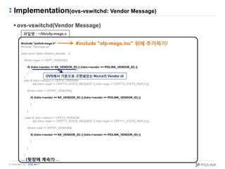 © PIOLINK, Inc. SDN No.1
Implementation(ovs-vswitchd: Vendor Message)
 ovs-vswitchd(Vendor Message)
...
#include "piolink-msgs.h"
#include "ofp-msgs.inc"
…
static enum ofperr ofphdrs_decode(…){
…
if(hdrs->type == OFPT_VENDOR){
…
if( (hdrs->vendor == NX_VENDOR_ID) || (hdrs->vendor == PIOLINK_VENDOR_ID) ){
…
}
}
else if( hdrs->version == OFP10_VERSION
&& (hdrs->type == OFPT10_STATS_REQUEST || hdrs->type == OFPT10_STATS_REPLY)){
…
if(hdrs->stat == OFPST_VENDOR){
…
if( (hdrs->vendor == NX_VENDOR_ID) || (hdrs->vendor == PIOLINK_VENDOR_ID) ){
…
}
…
}
…
} else if( hdrs->version != OFP10_VERSION
&& (hdrs->type == OFPT11_STATS_REQUEST || hdrs->type == OFPT11_STATS_REPLY)){
…
if(hdrs->stat == OFPST_VENDOR){
…
if( (hdrs->vendor == NX_VENDOR_ID) || (hdrs->vendor == PIOLINK_VENDOR_ID) ){
…
}
…
}
…
}
… (뒷장에 계속!!) …
파일명 : ~/lib/ofp-msgs.c
#include "ofp-msgs.inc" 위에 추가하기!
OVS에서 기본으로 구현돼있는 Nicira의 Vendor id
 
