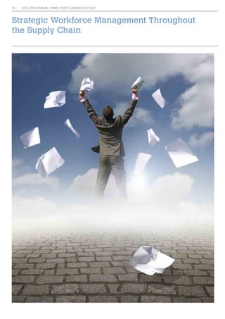 Current State of the 3PL Market 17 
outsourcing compared with an average of 
UHSRUWHGODVWHDU7KHVHÀJXUHVKHOS 
WRH[SODLQKRZWKHVORZLQJJOREDOHFRQRPLF 
conditions have impacted aggregate shipper 
spending on 3PL services as a percentage of 
WRWDOORJLVWLFVH[SHQGLWXUHV 
‡ 7KLVHDU·VAnnual 3PL Study reports that 
67% of the shippers surveyed are increasing 
their use of outsourced logistics services. 
Only 26% report a return to insourcing 
PDQ RI WKHLU ORJLVWLFV DFWLYLWLHV 7KLV 
UDWLRRIDSSUR[LPDWHOLQFUHDVHG 
outsourcing divided by the 26% that returned 
to insourcing) has been apparent for the 
past several years. Also, 53% of shipper 
respondents indicate they are reducing or 
consolidating the number of 3PLs they use. 
‡ Shippers report an average logistics cost 
reduction of 9%, an average inventory cost 
UHGXFWLRQRIDQGDQDYHUDJHÀ[HGORJLVWLFV 
FRVWUHGXFWLRQRI7KHVHÀJXUHVDUHGRZQ 
modestly from those reported in last year’s 
VWXGEXWFRQÀUPWKHUHDVRQVZKRI 
Figure 5: The “IT Gap” Exhibits Continuing Convergence 
80% 
60% 
40% 
20% 
Source: 2015 19th Annual Third-Party Logistics Study. 
shippers report that their relationships with 
3PLs generally have been successful. 
‡ In the survey, 73% of shippers and 77% of 
3/SURYLGHUVLQGLFDWHWKHDUHVDWLVÀHG 
with the openness, transparency and good 
communication in their relationships, and 
75% of shipper respondents judge their 3PLs 
DV VXIÀFLHQWO DJLOH DQG ÁH[LEOH WR PHHW 
future business challenges. 
‡ Involvement in “gainsharing” arrangements 
with their 3PLs was reported by 41% of 
shippers, and 39% indicated involvement 
in collaboration with other companies, 
even competitors, to achieve logistics cost 
and service improvements. Variances in 
these results over the years suggest that, 
UDWKHUWKDQUHÁHFWLQJOHYHOVRIPDWXULW 
these approaches simply fit better with 
some shipper-3PL relationships than they 
do for others. 
‡ RQVLVWHQWZLWKSDVWVWXGLHVWUDQVDFWLRQDO 
operational and repetitive activities tend to 
be the most frequently outsourced, while 
WKRVHWKDWDUHVWUDWHJLF,7LQWHQVLYHDQG 
customer facing tend to be outsourced to a 
OHVVHUH[WHQW$OVRIRUPDQRIWKHORJLVWLFV 
activities and processes of interest to this 
study, this year’s percentage of shippers 
indicating they outsource those activities 
decreased by a few points. 
‡ For the past 13 years, this study has been 
WUDFNLQJWKH´,7*DSµZKLFKLVGHÀQHGDV 
the difference between the percentage of 
VKLSSHUVLQGLFDWLQJWKDW,7FDSDELOLWLHVDUH 
DQHFHVVDUHOHPHQWRI3/H[SHUWLVH 
in the current study) and the percentage of 
the same shippers who agree that they are 
VDWLVÀHGZLWK3/,7FDSDELOLWLHV 