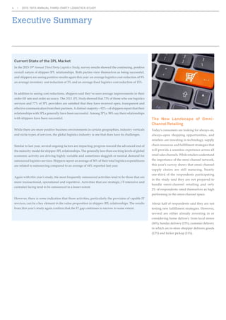 4 2015 19TH ANNUAL THIRD-PARTY LOGISTICS STUDY 
Executive Summary 
Current State of the 3PL Market 
In the 2015 19th Annual Third Party Logistics Study, survey results showed the continuing, positive 
overall nature of shipper-3PL relationships. Both parties view themselves as being successful, 
and shippers are seeing positive results again this year: an average logistics cost reduction of 9% 
DQDYHUDJHLQYHQWRUFRVWUHGXFWLRQRIDQGDQDYHUDJHÀ[HGORJLVWLFVFRVWUHGXFWLRQRI 
In addition to seeing cost reductions, shippers said they’ve seen average improvements in their 
RUGHUÀOOUDWHDQGRUGHUDFFXUDF7KH2015 3PL Study showed that 73% of those who use logistics 
VHUYLFHVDQGRI3/SURYLGHUVDUHVDWLVÀHGWKDWWKHKDYHUHFHLYHGRSHQWUDQVSDUHQWDQG 
effective communication from their partners. A distinct majority—92%—of shippers report that their 
relationships with 3PLs generally have been successful. Among 3PLs, 98% say their relationships 
with shippers have been successful. 
While there are more positive business environments in certain geographies, industry verticals 
and niche types of services, the global logistics industry is one that does have its challenges. 
Similar to last year, several ongoing factors are impacting progress toward the advanced end of 
WKHPDWXULWPRGHOIRUVKLSSHU3/UHODWLRQVKLSV7KHJHQHUDOOOHVVWKDQH[FLWLQJOHYHOVRIJOREDO 
economic activity are driving highly variable and sometimes sluggish or neutral demand for 
RXWVRXUFHGORJLVWLFVVHUYLFHV6KLSSHUVUHSRUWDQDYHUDJHRIRIWKHLUWRWDOORJLVWLFVH[SHQGLWXUHV 
are related to outsourcing compared to an average of 44% reported last year. 
Again with this year’s study, the most frequently outsourced activities tend to be those that are 
PRUHWUDQVDFWLRQDORSHUDWLRQDODQGUHSHWLWLYH$FWLYLWLHVWKDWDUHVWUDWHJLF,7LQWHQVLYHDQG 
FXVWRPHUIDFLQJWHQGWREHRXWVRXUFHGWRDOHVVHUH[WHQW 
+RZHYHUWKHUHLVVRPHLQGLFDWLRQWKDWWKRVHDFWLYLWLHVSDUWLFXODUOWKHSURYLVLRQRIFDSDEOH,7 
VHUYLFHVFDQEHDNHHOHPHQWLQWKHYDOXHSURSRVLWLRQLQVKLSSHU3/UHODWLRQVKLSV7KHUHVXOWV 
IURPWKLVHDU·VVWXGDJDLQFRQÀUPWKDWWKH,7JDSFRQWLQXHVWRQDUURZWRVRPHH[WHQW 
The New Landscape of Omni- 
Channel Retailing 
7RGD·VFRQVXPHUVDUHORRNLQJIRUDOZDVRQ 
always-open shopping opportunities, and 
retailers are investing in technology, supply 
FKDLQUHVRXUFHVDQGIXOÀOOPHQWVWUDWHJLHVWKDW 
ZLOOSURYLGHDVHDPOHVVH[SHULHQFHDFURVVDOO 
retail sales channels. While retailers understand 
the importance of the omni-channel network, 
this year’s survey shows that omni-channel 
supply chains are still maturing. Nearly 
one-third of the respondents participating 
in the study said they are not prepared to 
handle omni-channel retailing and only 
2% of respondents rated themselves as high 
performing in the omni-channel space. 
About half of respondents said they are not 
WHVWLQJQHZIXOÀOOPHQWVWUDWHJLHV+RZHYHU 
several are either already investing in or 
considering home delivery from local stores 
(16%), Sunday delivery (15%), customer delivery 
in which an in-store shopper delivers goods 
(12%) and locker pickup (11%). 
 