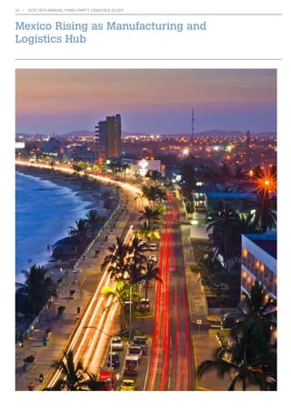 32 2015 19TH ANNUAL THIRD-PARTY LOGISTICS STUDY 
Strategic workforce planning – Having the right talent at the right place 
at the right time. Did you know… 
45% 40% 
26% 31% 
63% 47% 
Attracting 
the best 
talent 
Developing 
leaders 
44% 
Developing 
bench 
strength 
42% 
Retaining 
high 
performers 
35% 
Enhancing 
workforce 
performance 
Difference in market capit-alization 
growth between 
firms ranked in the top  
bottom clusters based on 
leadership quality 
Companies that practice 
strategic talent manage-ment 
have lower voluntary 
turnover among high 
performers than peers 
Companies with strategic 
talent management 
programs generate 
greater revenue per 
employee than their peers 
Less than 1/3 of compani-es 
say they are effective 
at building the next 
generation of leadership 
capabilities 
tNOQFPQMFUPFYJUUIFJOEVTUSZCZ 
tNOQFPQMFUPmMMUIFHBQ 
t.PSFFWJEFOUHBQBDSPTTNJEEMFBOETFOJPS 
NBOBHFNFOUMFWFM 
t%FNBOEGPSTVQQMZDIBJOQSPGFTTJPOBMTFYQFDUFE 
What challenges are you facing in effectively UPFYDFFETVQQMZ 
implementing workforce planning? 
16% 
14% 
28% 
46% 
58% 
52% 
38% 
28% 
19% 
Supply 
chain 
talent gap 
Challenges Not at all To some extent To a great extent 
Focus too much on short-term needs 
Closing the gap between talent supply 
and demand 
No clear vision of future workforce demands 
Top 5 workforce issues your organization is facing… 
What are your primary drivers for org 
success in the next 5 years? 
Having the right people and leadership in place 
Having the right strategy and roadmaps 
Ability to execute and drive operational 
efficiency and improvements 
?Do you know the critical roles for your organization? 
Do you have succession and training plans in place for your strategic roles? 
What roles are the primary feeders/launch pads into your strategic roles? 
SPECIALIST 
STRATEGIC 
NON-CORE 
FLEXIBLE CORE 
Strategic Value Creation 
Scarcity of Skill Set 
What capabilities do you 
value most in a leader? 
Which functional backgrounds will 
be most strategically important for 
your general management leadership 
to have expertise in? 
82% 
Operations 
58% 
Sales 
45% 
Finance 
? 
Operational Execution 
Driving Growth 
People management 
and development 
www.3plstudy.com 
2015 Third-Party Logistics Study 
 