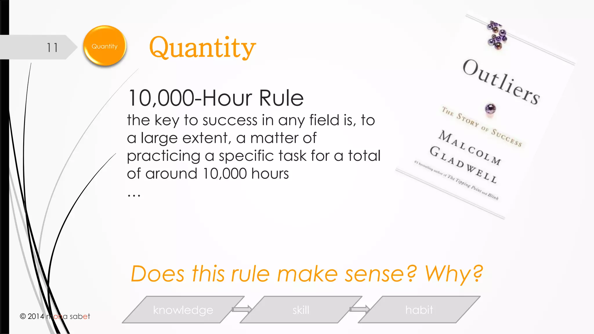 © 2014 mona sabet
Quantity11 Quantity
10,000-Hour Rule
the key to success in any field is, to
a large extent, a matter of
practicing a specific task for a total
of around 10,000 hours
…
Does this rule make sense? Why?
knowledge skill habit
 