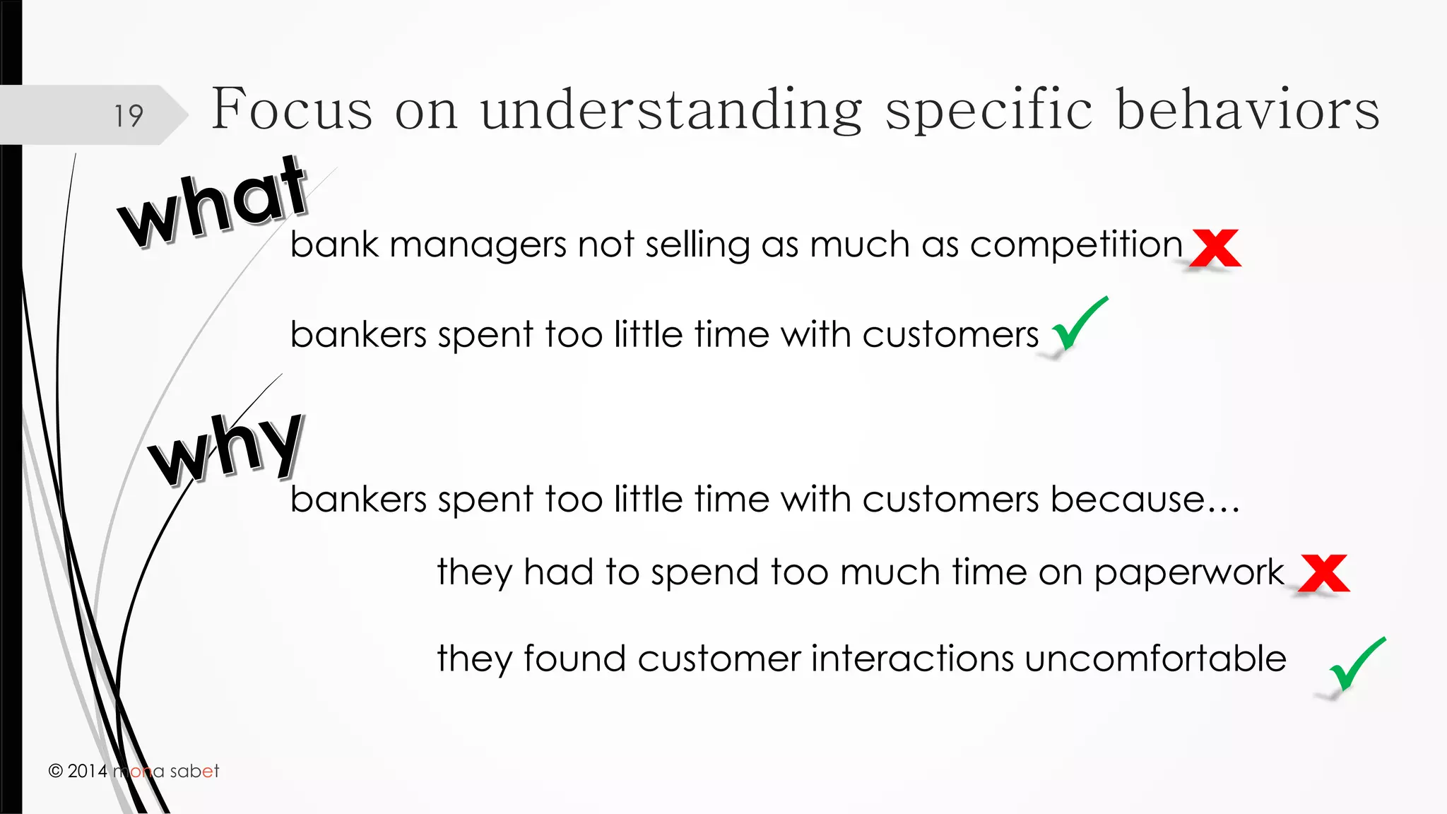 © 2014 mona sabet
19 Focus on understanding specific behaviors
bank managers not selling as much as competitionx
bankers spent too little time with customers
x
bankers spent too little time with customers because…
they had to spend too much time on paperwork
they found customer interactions uncomfortable


 