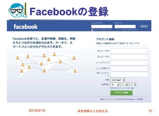 Facebookの登録
2015/4/15 高度情報化と社会生活 55
 