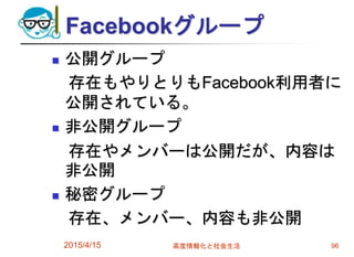 Facebookグループ
 公開グループ
存在もやりとりもFacebook利用者に
公開されている。
 非公開グループ
存在やメンバーは公開だが、内容は
非公開
 秘密グループ
存在、メンバー、内容も非公開
2015/4/15 高度情報化と社会生活 96
 