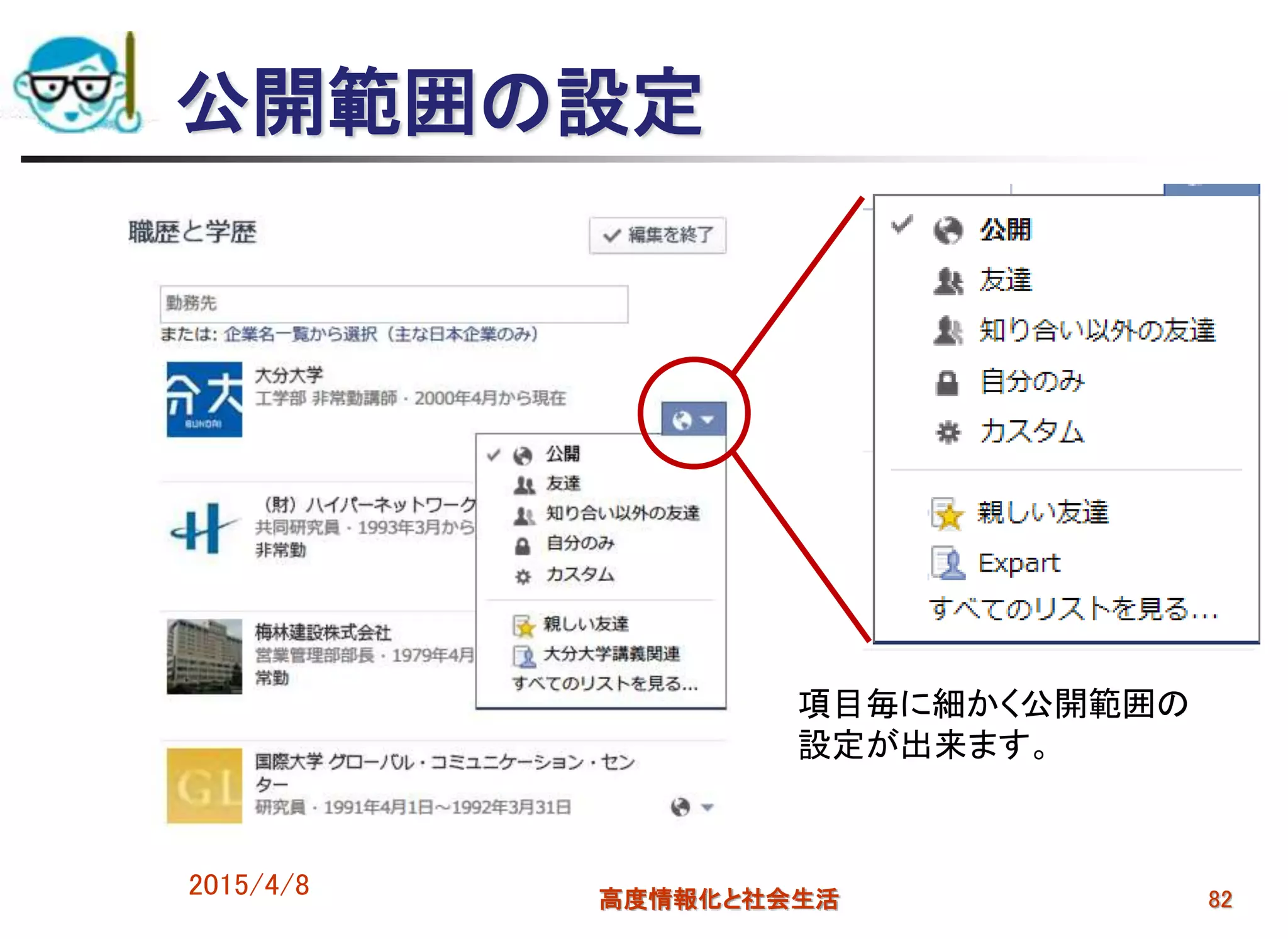 公開範囲の設定
2015/4/8 高度情報化と社会生活 82
項目毎に細かく公開範囲の
設定が出来ます。
 