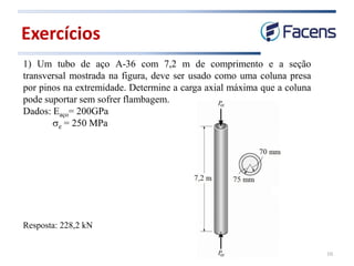 Exercícios
10
1) Um tubo de aço A-36 com 7,2 m de comprimento e a seção
transversal mostrada na figura, deve ser usado como uma coluna presa
por pinos na extremidade. Determine a carga axial máxima que a coluna
pode suportar sem sofrer flambagem.
Dados: Eaço= 200GPa
se = 250 MPa
Resposta: 228,2 kN
 