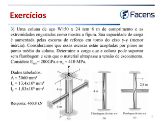 Exercícios
12
3) Uma coluna de aço W150 x 24 tem 8 m de comprimento e as
extremidades engastadas como mostra a figura. Sua capacidade de carga
é aumentada pelas escoras de reforço em torno do eixo y-y (menor
inércia). Consideramos que essas escoras estão acopladas por pinos no
ponto médio da coluna. Determine a carga que a coluna pode suportar
sem flambagem e sem que o material ultrapasse a tensão de escoamento.
Considere Eaço= 200GPa e se = 410 MPa.
Dados tabelados:
A = 3060 mm²
Ix = 13,4x106 mm4
Iy = 1,83x106 mm4
Resposta: 460,8 kN
 