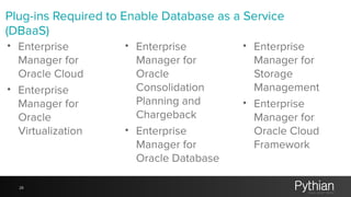 28
Plug-ins Required to Enable Database as a Service
(DBaaS)
• Enterprise
Manager for
Oracle Cloud
• Enterprise
Manager for
Oracle
Virtualization
• Enterprise
Manager for
Oracle
Consolidation
Planning and
Chargeback
• Enterprise
Manager for
Oracle Database
• Enterprise
Manager for
Storage
Management
• Enterprise
Manager for
Oracle Cloud
Framework
 
