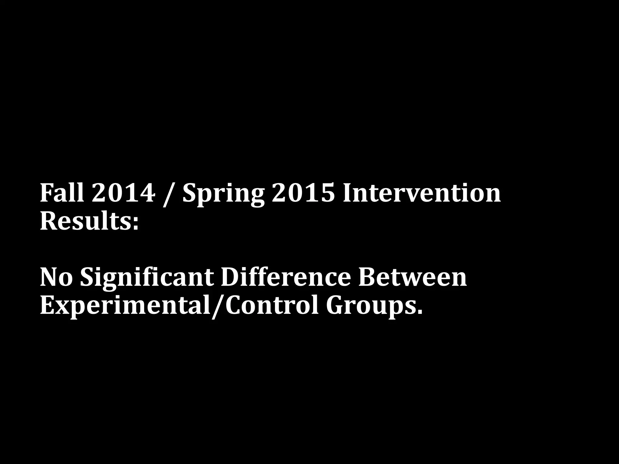 Fall 2014 / Spring 2015 Intervention
Results:
No Significant Difference Between
Experimental/Control Groups.
38
 