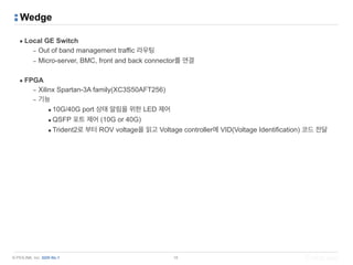 © PIOLINK, Inc. SDN No.1
Wedge
▪ Local GE Switch
– Out of band management traffic 라우팅
– Micro-server, BMC, front and back connector를 연결
▪ FPGA
– Xilinx Spartan-3A family(XC3S50AFT256)
– 기능
•10G/40G port 상태 알림을 위한 LED 제어
•QSFP 포트 제어 (10G or 40G)
•Trident2로 부터 ROV voltage을 읽고 Voltage controller에 VID(Voltage Identification) 코드 전달
18
 