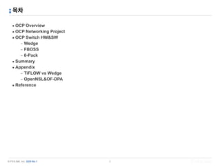 © PIOLINK, Inc. SDN No.1
목차
▪ OCP Overview
▪ OCP Networking Project
▪ OCP Switch HW&SW
– Wedge
– FBOSS
– 6-Pack
▪ Summary
▪ Appendix
– TiFLOW vs Wedge
– OpenNSL&OF-DPA
▪ Reference
2
 