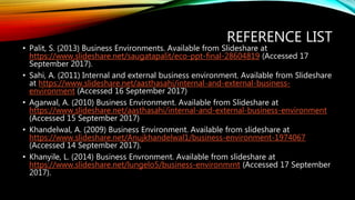 REFERENCE LIST
• Palit, S. (2013) Business Environments. Available from Slideshare at
https://www.slideshare.net/saugatapalit/eco-ppt-final-28604819 (Accessed 17
September 2017).
• Sahi, A. (2011) Internal and external business environment. Available from Slideshare
at https://www.slideshare.net/aasthasahi/internal-and-external-business-
environment (Accessed 16 September 2017)
• Agarwal, A. (2010) Business Environment. Available from Slideshare at
https://www.slideshare.net/aasthasahi/internal-and-external-business-environment
(Accessed 15 September 2017)
• Khandelwal, A. (2009) Business Environment. Available from slideshare at
https://www.slideshare.net/Anujkhandelwal1/business-environment-1974067
(Accessed 14 September 2017).
• Khanyile, L. (2014) Business Envronment. Available from slideshare at
https://www.slideshare.net/lungelo5/business-environmrnt (Accessed 17 September
2017).
 