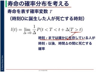 2015年度秋学期 
A.Asano,KansaiUniv.
寿命の確率分布を考える
寿命を表す確率変数 T
（時刻0に誕生した人が死亡する時刻）
これを寿命の確率分布といいます。
誕生した人が死亡する時刻は，確率変数であり，これ
義します。
l(t) = lim
∆→0
1
∆
P(t < T < t + ∆|T > t).
き確率 P(t < T < t + ∆|T > t) は，「T > t である
」，すなわち「時刻 t までは確かに生存している人が
します 1。ですから，それを ∆ で割ったものは，t 以後
の極限は「時刻 t までは確かに生存していた人の，
つまり，この関数 l(t) は「時刻 t までは確かに生存し
時刻 t までは確かに生存している人が
時刻 t 以後，時間Δの間に死亡する
確率
 