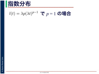 2015年度秋学期 
A.Asano,KansaiUniv.
指数分布
で p = 1 の場合
との関係が得られます。
l(t) = λp(λt)p−1
代入すると，
exp −
t
0
λp(λu)p−1
du
exp − [(λu)p
]u=t
u=0 = exp (−(λt)p
)
1 − S(t) = 1 − exp (−(λt)p
)
ます。このような累積分布関数をもつ確率分布をワイブル
と p の２つのパラメータがあります。 λ が大きいとハザ
 