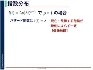 2015年度秋学期 
A.Asano,KansaiUniv.
指数分布
で p = 1 の場合
との関係が得られます。
l(t) = λp(λt)p−1
代入すると，
exp −
t
0
λp(λu)p−1
du
exp − [(λu)p
]u=t
u=0 = exp (−(λt)p
)
1 − S(t) = 1 − exp (−(λt)p
)
ます。このような累積分布関数をもつ確率分布をワイブル
と p の２つのパラメータがあります。 λ が大きいとハザ
死亡・故障する危険が
時刻によらず一定
［偶発故障］
ハザード関数は式からハザード関数は l(t) = λ と時刻に依存しない定数
ても，死亡する危険は一定」「機械の故障率は，時間に関
す。このとき (9) 式から
) = 1 − e−λt
(12)
率分布を指数分布とよびます。指数分布は，「どの時刻に
その後一定時間内に死亡するものの割合は，常に同じ」
名です。原子核は，どの時刻においても，その時点で存
 