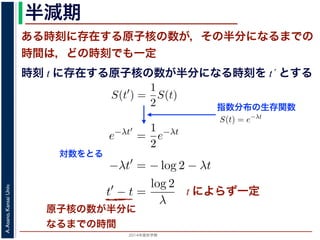 2015年度秋学期 
A.Asano,KansaiUniv.
半減期
ある時刻に存在する原子核の数が，その半分になるまでの
時間は，どの時刻でも一定
原子核の数が半分に
なるまでの時間
指数分布の生存関数
時刻 t に存在する原子核の数が半分になる時刻を t´ とする
S(t) = e−λt
存在した原子核の数が半分になる時刻 t′ を考えてみましょう。このと
S(t′
) =
1
2
S(t)
，(13) 式から
e−λt′
=
1
2
e−λt
をとると
−λt′
= − log 2 − λt
t′
− t =
log 2
λ
F(t) = 1 − e−λt
となります。このような累積分布関数をもつ確率分布を指数分布とよびま
おいても，その時点で生存している個体のうちその後一定時間内に死亡す
という場合の寿命の分布を表します。
この例としては，原子核の崩壊のモデルが有名です。原子核は，どの時
在する原子核のうち一定の割合が崩壊すると考えられているので，ある時刻
すなわち生存関数 S(t) は指数分布で表現でき，(12) 式から
S(t) = e−λt
となります。
ここで，時刻 t に存在した原子核の数が半分になる時刻 t′ を考えてみま
S(t′
) =
1
2
S(t)
がなりたちますから，(13) 式から
e−λt′
=
1
2
e−λt
となり，両辺の対数をとると
S(t) = e−λt
在した原子核の数が半分になる時刻 t′ を考えてみましょう。この
S(t′
) =
1
2
S(t)
(13) 式から
e−λt′
=
1
2
e−λt
とると
−λt′
= − log 2 − λt
t′
− t =
log 2
λ
存在した原子核の数が半分になる時刻 t′ を考えてみましょう。
S(t′
) =
1
2
S(t)
，(13) 式から
e−λt′
=
1
2
e−λt
をとると
−λt′
= − log 2 − λt
t′
− t =
log 2
λ
とは，t′ − t すなわち「時刻 t に存在する原子核の数が半分にな
対数をとる
t によらず一定
 