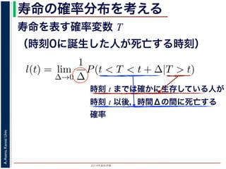 2015年度秋学期 
A.Asano,KansaiUniv.
寿命の確率分布を考える
寿命を表す確率変数 T
（時刻0に誕生した人が死亡する時刻）
これを寿命の確率分布といいます。
誕生した人が死亡する時刻は，確率変数であり，これ
義します。
l(t) = lim
∆→0
1
∆
P(t < T < t + ∆|T > t).
き確率 P(t < T < t + ∆|T > t) は，「T > t である
」，すなわち「時刻 t までは確かに生存している人が
します 1。ですから，それを ∆ で割ったものは，t 以後
の極限は「時刻 t までは確かに生存していた人の，
つまり，この関数 l(t) は「時刻 t までは確かに生存し
時刻 t までは確かに生存している人が
時刻 t 以後，時間Δの間に死亡する
確率
 