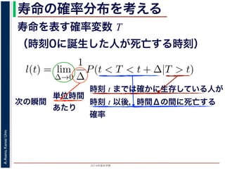 2015年度秋学期 
A.Asano,KansaiUniv.
寿命の確率分布を考える
寿命を表す確率変数 T
（時刻0に誕生した人が死亡する時刻）
これを寿命の確率分布といいます。
誕生した人が死亡する時刻は，確率変数であり，これ
義します。
l(t) = lim
∆→0
1
∆
P(t < T < t + ∆|T > t).
き確率 P(t < T < t + ∆|T > t) は，「T > t である
」，すなわち「時刻 t までは確かに生存している人が
します 1。ですから，それを ∆ で割ったものは，t 以後
の極限は「時刻 t までは確かに生存していた人の，
つまり，この関数 l(t) は「時刻 t までは確かに生存し
時刻 t までは確かに生存している人が
時刻 t 以後，時間Δの間に死亡する
確率
単位時間
あたり
次の瞬間
 