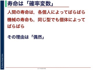 2015年度秋学期 
A.Asano,KansaiUniv.
寿命は「確率変数」
人間の寿命は，各個人によってばらばら
機械の寿命も，同じ型でも個体によって
ばらばら
その理由は「偶然」
 